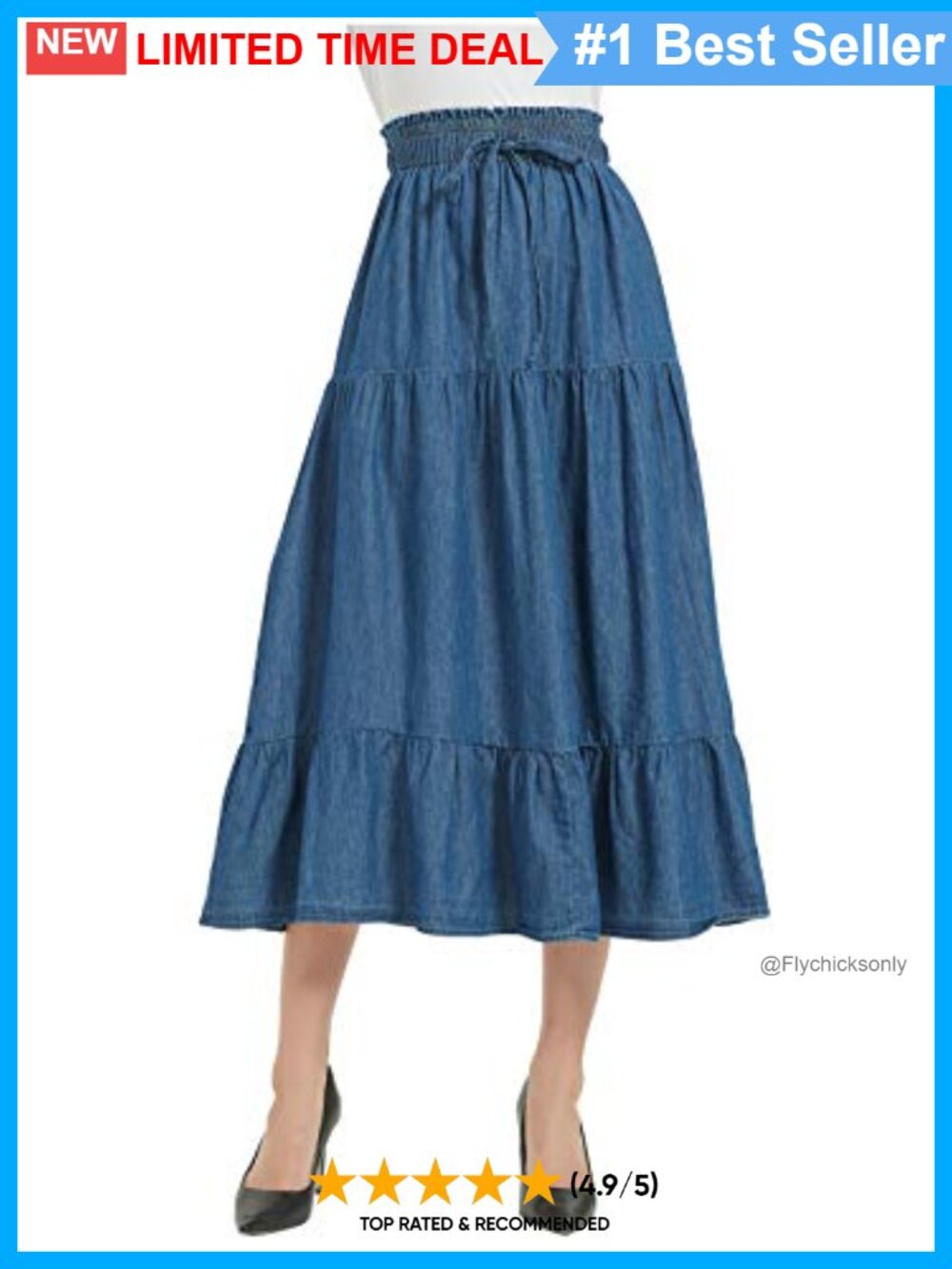 100% Cotton Tiered Midi Skirt A-Line Elastic Waist Ruffled